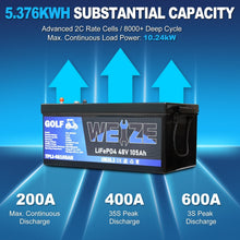 Load image into Gallery viewer, WEIZE 48V(51.2V) 105AH LiFePO4 Golf Cart Battery, 5376Wh Bluetooth Lithium Battery, 8000+ Cycles with 200A BMS, 10 Years Warranty - BAC-0117