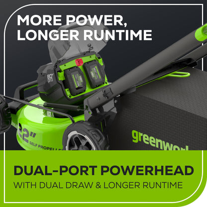 Greenworks 80V 22" Cordless Battery Dual Blade Self-Propelled Lawn Mower w/ (2) 4.0Ah Batteries & Rapid Charger - 2548102