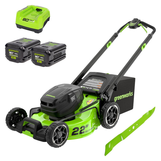 Greenworks 80V 22" Cordless Battery Dual Blade Self-Propelled Lawn Mower w/ (2) 4.0Ah Batteries & Rapid Charger - 2548102