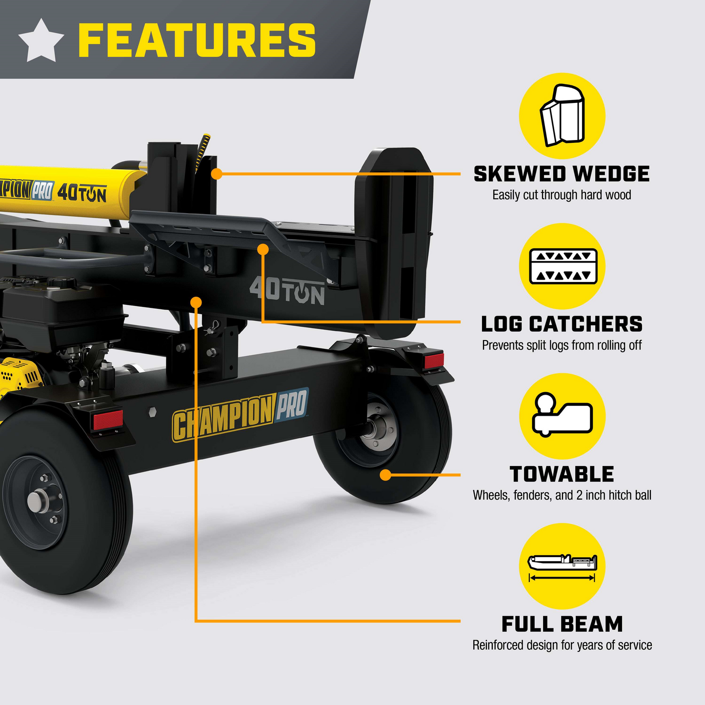 Champion 201091 Pro 40-Ton Log Splitter Horizontal/Vertical Full Beam Gas With Auto Return New - 201091