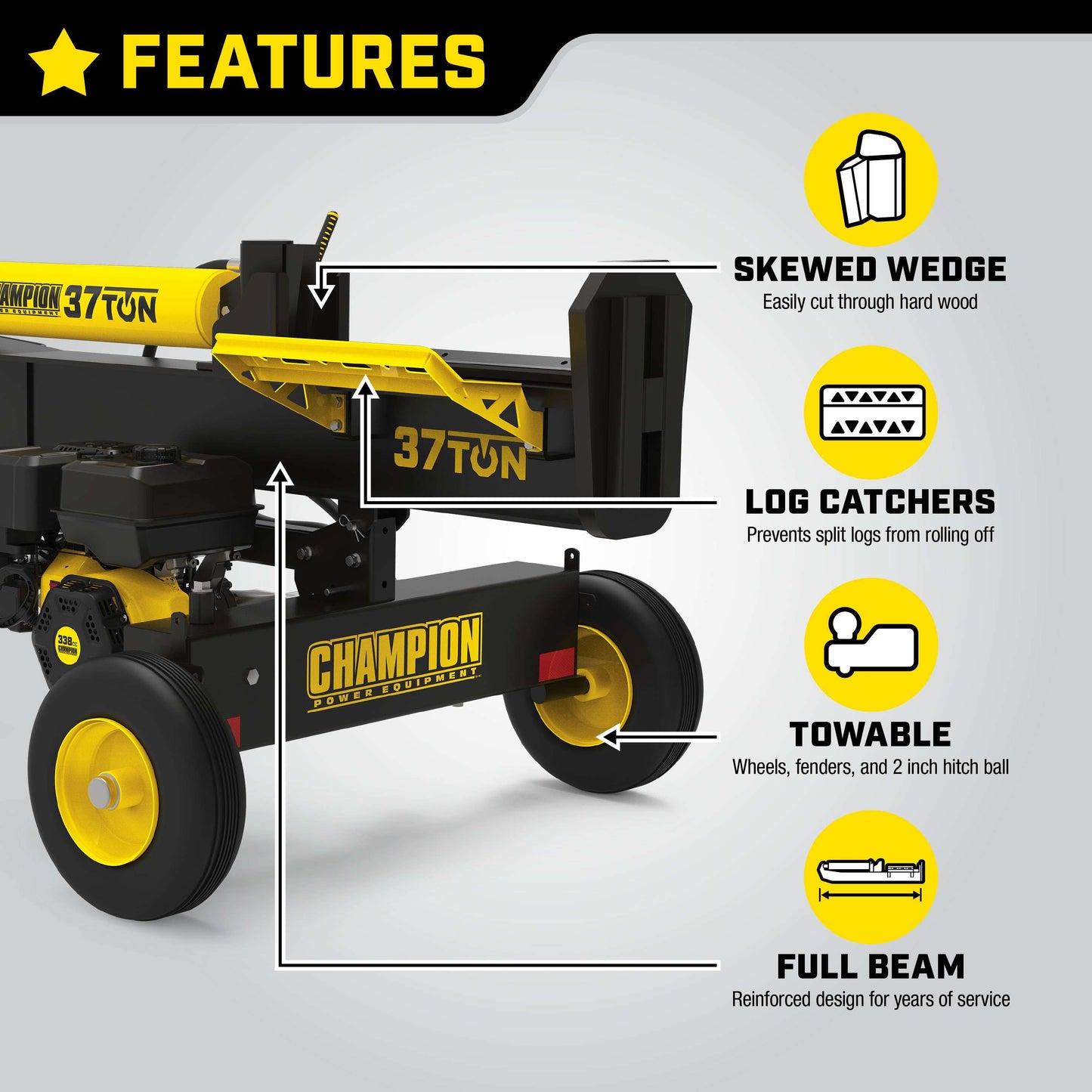 Champion -37-Ton Log Splitter Horizontal/Vertical Full Beam Gas with Auto Return New - 201314