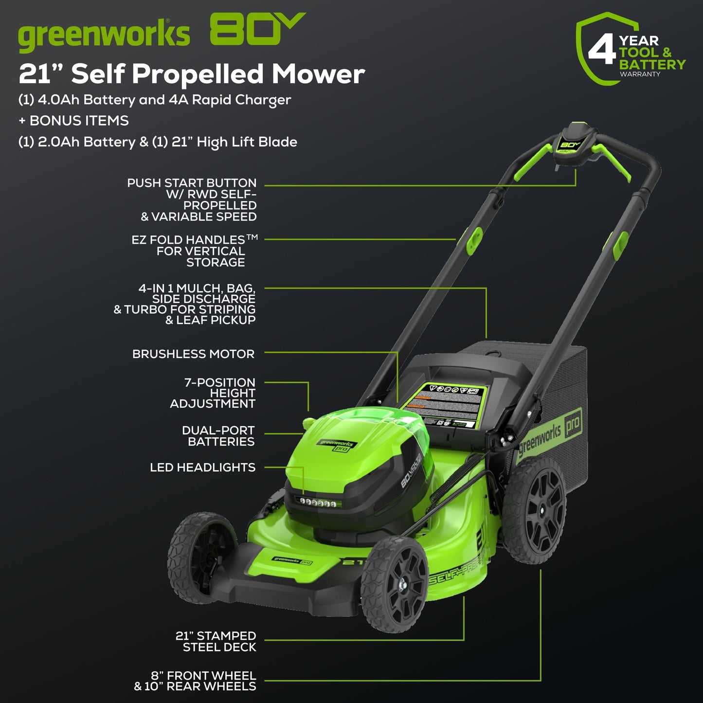 Greenworks 80V 21" Cordless Battery 4-in-1 Self-Propelled Lawn Mower w/ 4.0Ah, 2.0Ah Battery & Rapid Charger - 2544502