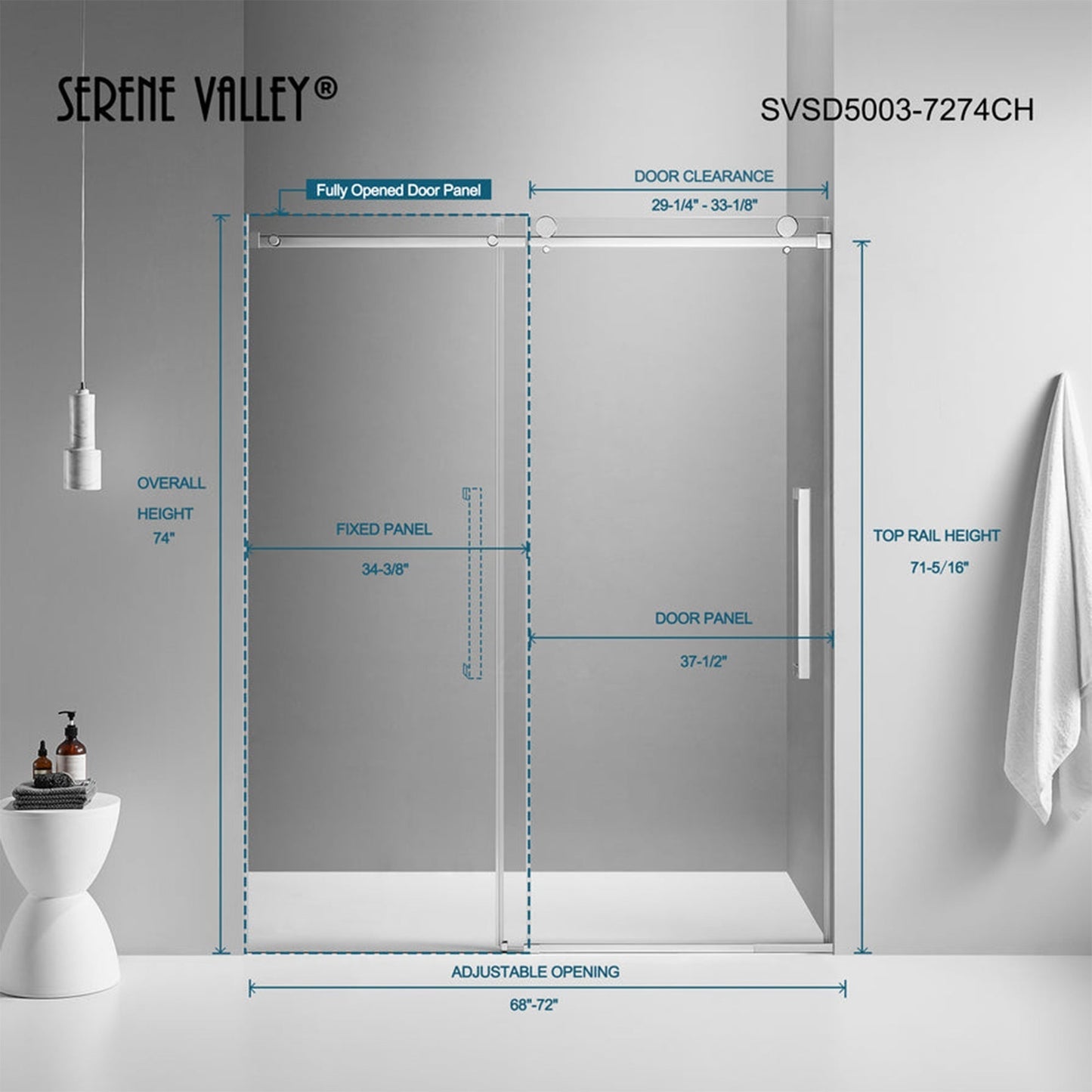 Serene Valley 72 x 74 Inch Square Rail Frameless Sliding Shower Door, Chrome - 280460