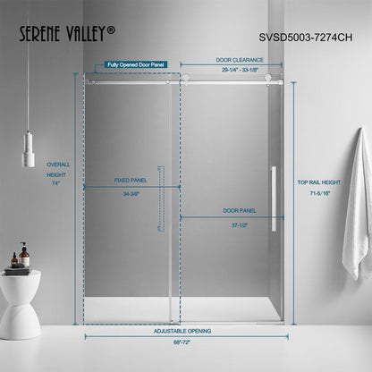 Serene Valley 72 x 74 Inch Square Rail Frameless Sliding Shower Door, Chrome - 280460