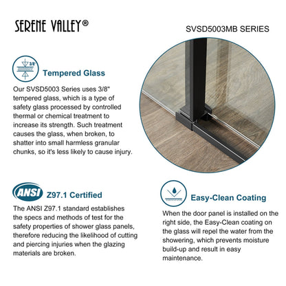 Serene Valley 68 x 74 Inch Square Rail Frameless Sliding Shower Door, Black - 280461