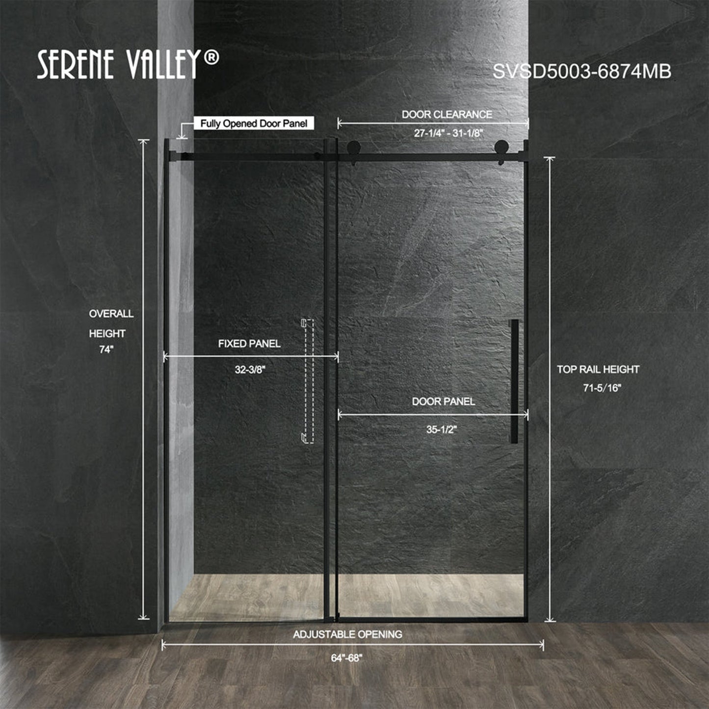 Serene Valley 68 x 74 Inch Square Rail Frameless Sliding Shower Door, Black - 280461