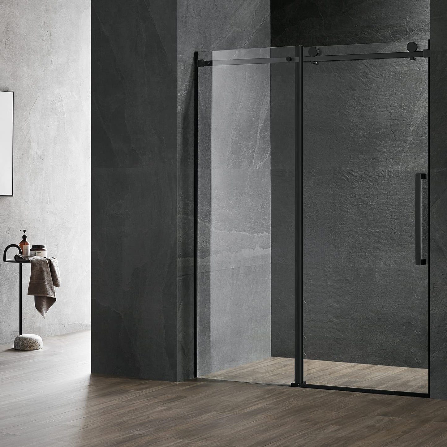 Serene Valley 48 x 74 Inch Square Rail Frameless Sliding Shower Door, Black - 280465