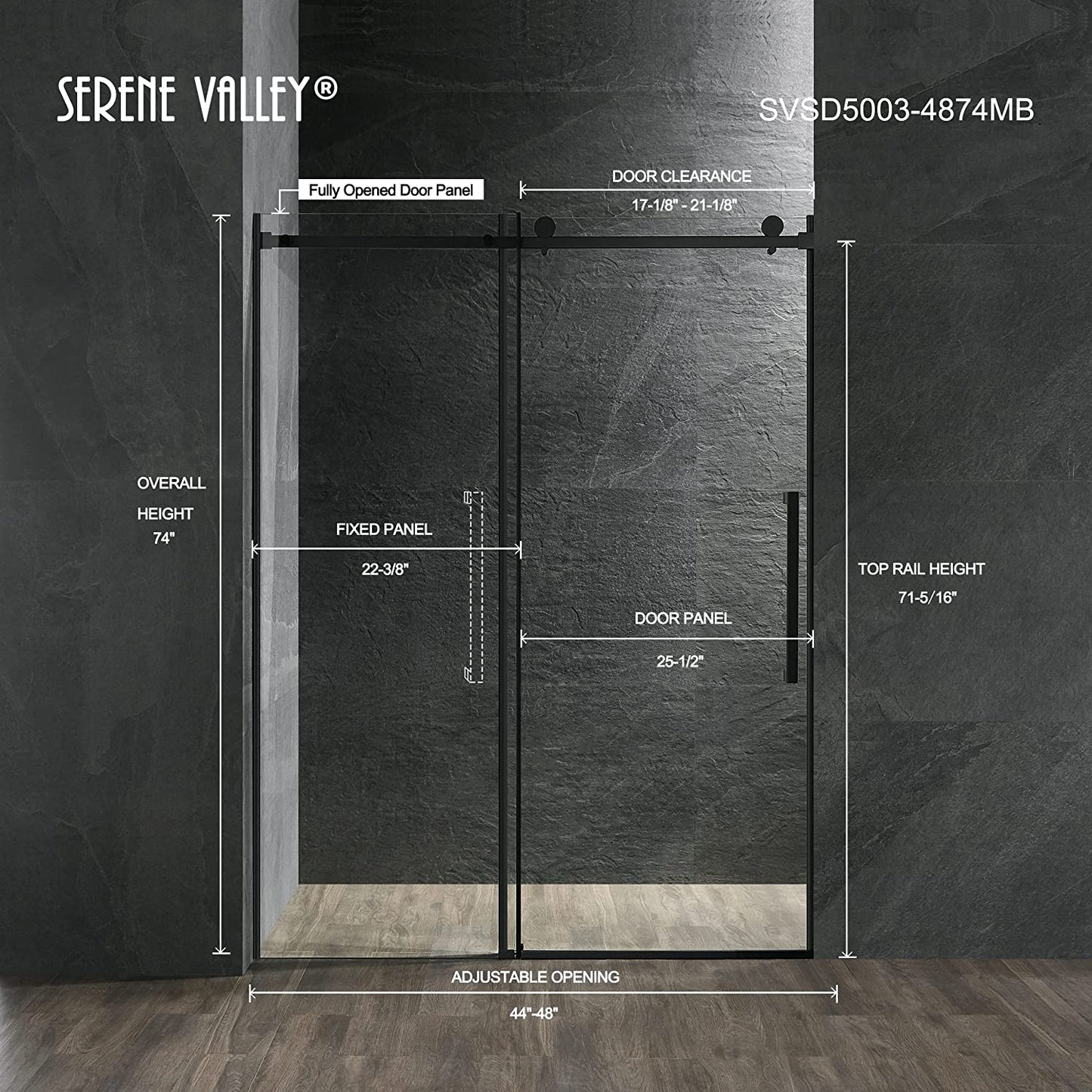 Serene Valley 48 x 74 Inch Square Rail Frameless Sliding Shower Door, Black - 280465