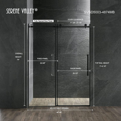 Serene Valley 48 x 74 Inch Square Rail Frameless Sliding Shower Door, Black - 280465
