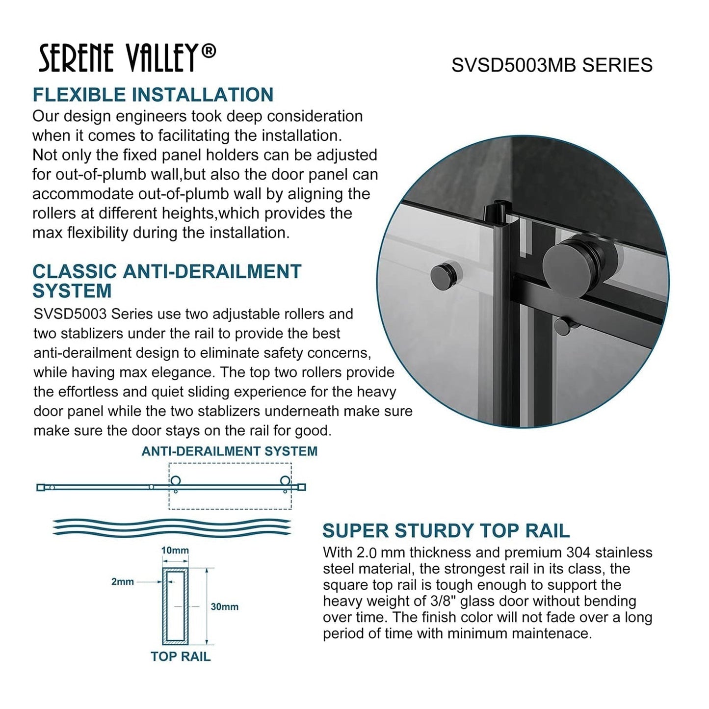 Serene Valley 48 x 74 Inch Square Rail Frameless Sliding Shower Door, Black - 280465