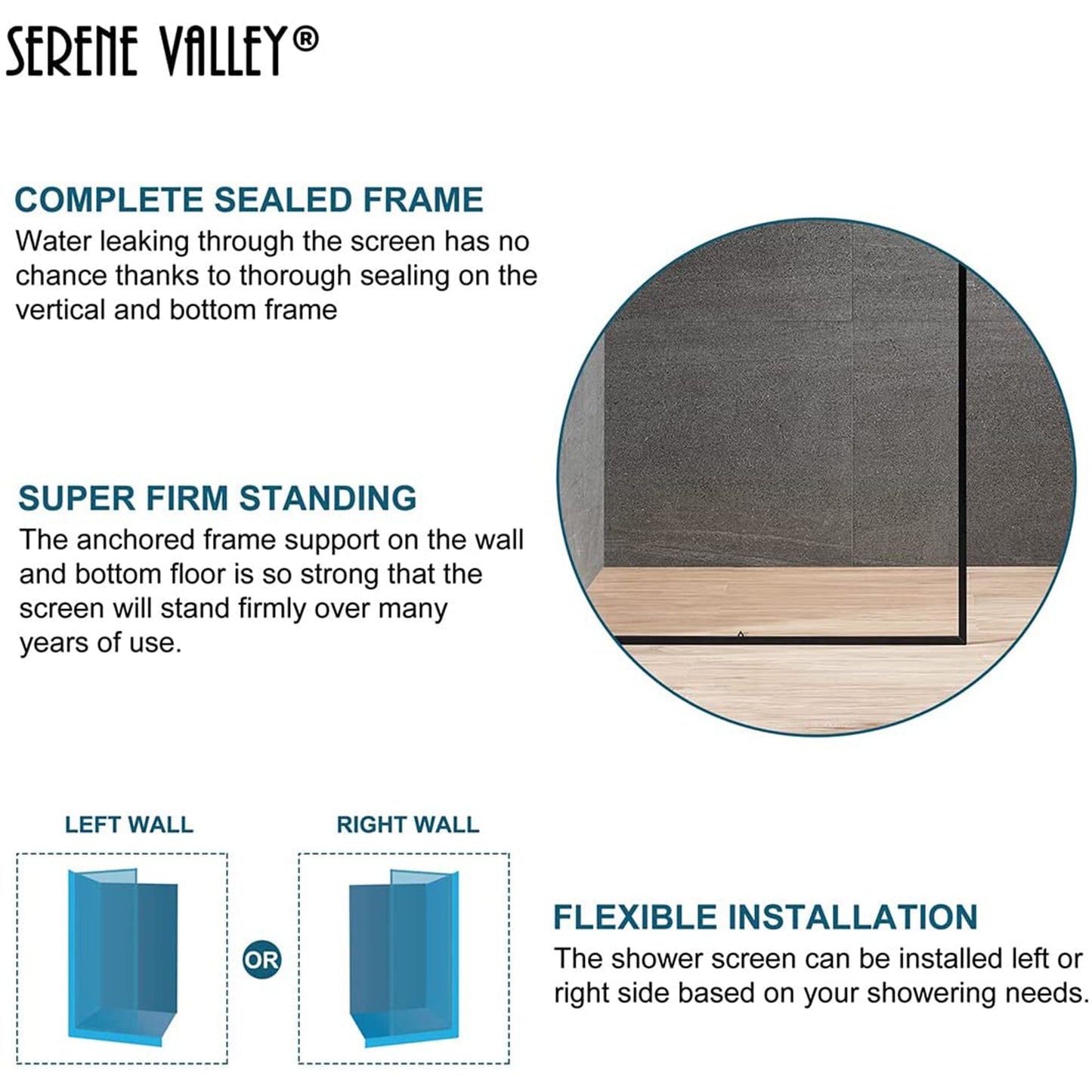 Serene Valley 34 x 72 Inch Tempered Glass Stand Alone Shower Screen, Matte Black - 280468