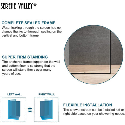 Serene Valley 34 x 72 Inch Tempered Glass Stand Alone Shower Screen, Matte Black - 280468
