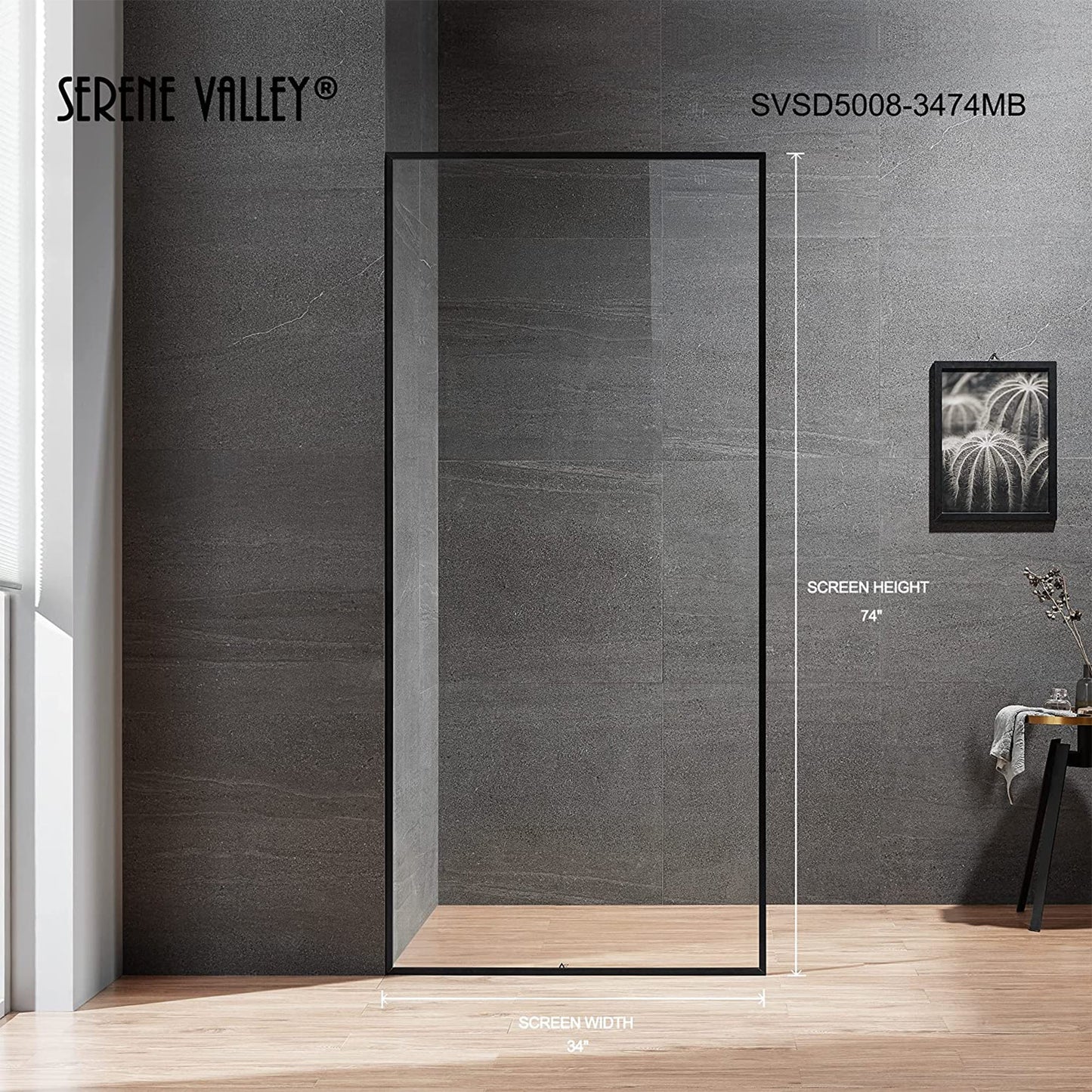 Serene Valley 34 x 72 Inch Tempered Glass Stand Alone Shower Screen, Matte Black - 280468