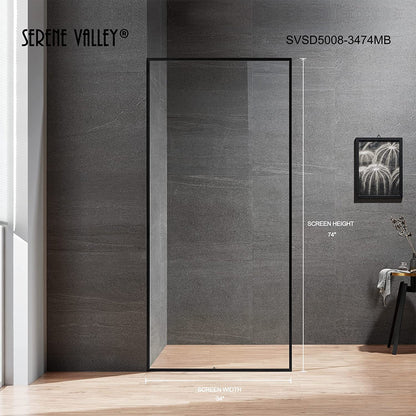 Serene Valley 34 x 72 Inch Tempered Glass Stand Alone Shower Screen, Matte Black - 280468