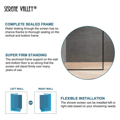 Serene Valley 34 x 72 Inch Tempered Glass Stand Alone Shower Screen, Matte Black - 280469