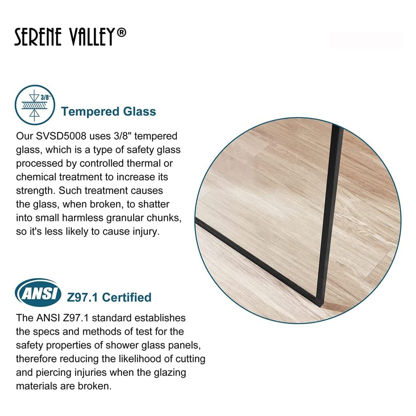 Serene Valley 34 x 72 Inch Tempered Glass Stand Alone Shower Screen, Matte Black - 280469
