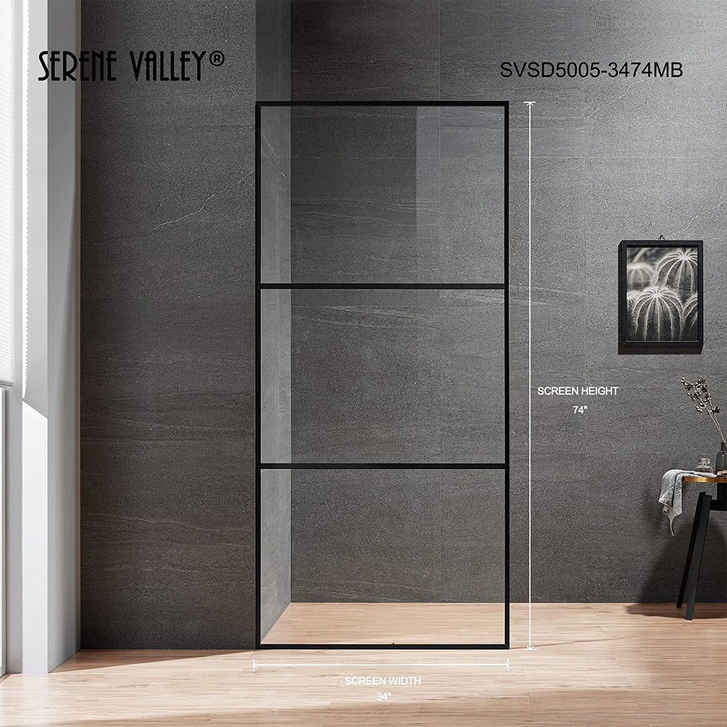 Serene Valley 34 x 72 Inch Tempered Glass Stand Alone Shower Screen, Matte Black - 280469