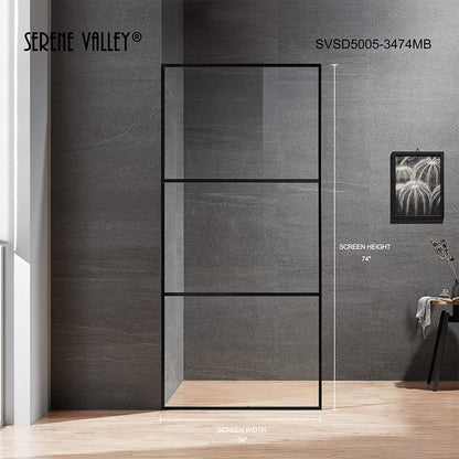 Serene Valley 34 x 72 Inch Tempered Glass Stand Alone Shower Screen, Matte Black - 280469