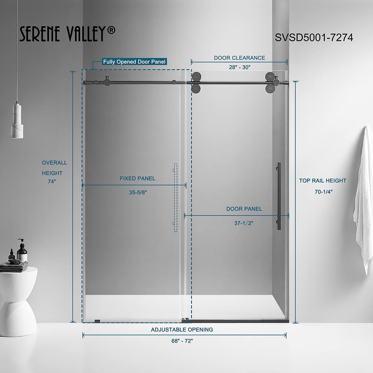 Serene Valley 72 x 74" Big Roller Frameless Sliding Shower Door, Brushed Nickel - 280485
