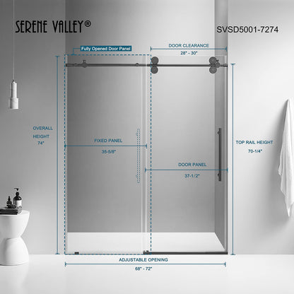Serene Valley 72 x 74" Big Roller Frameless Sliding Shower Door, Brushed Nickel - 280485