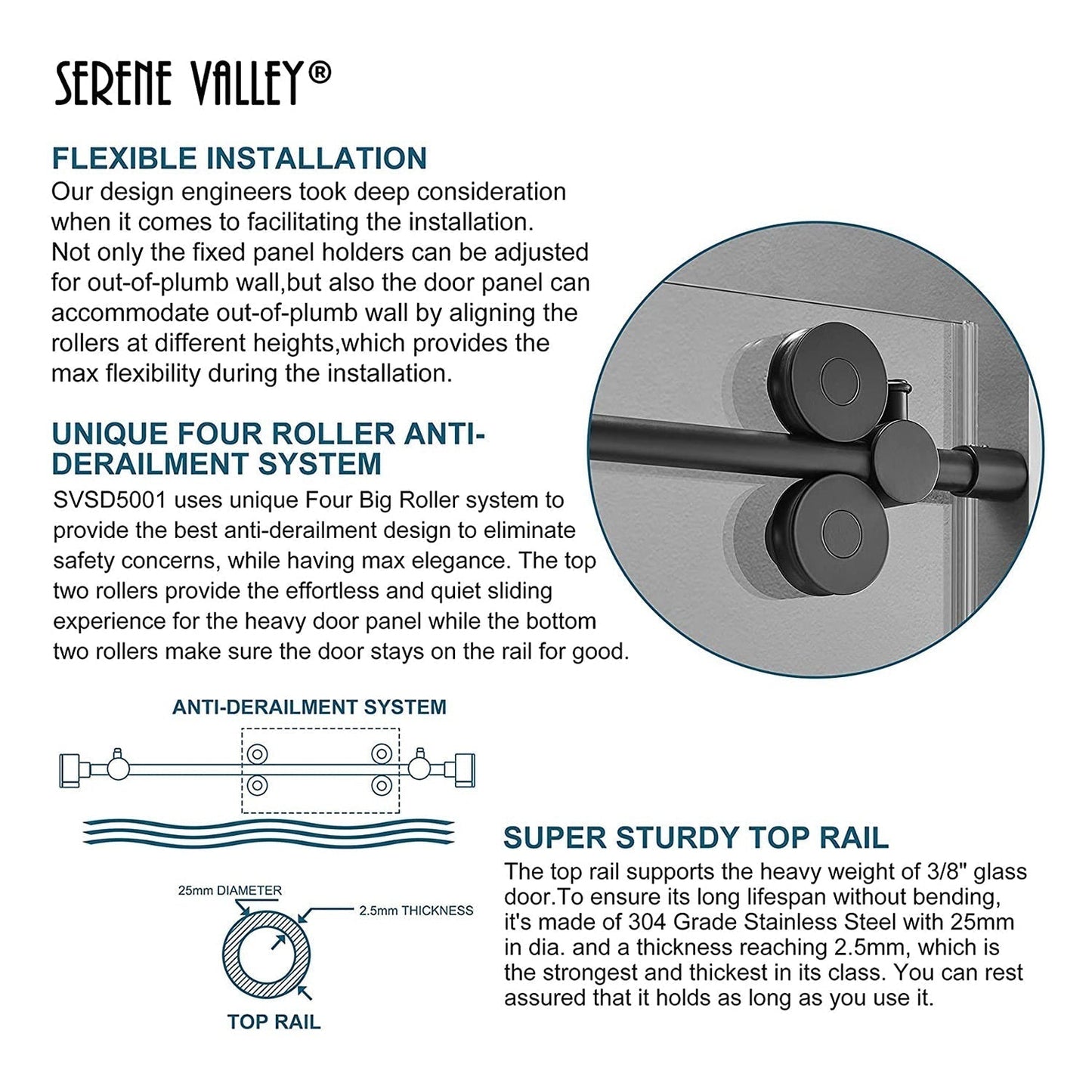 Serene Valley 72 x 74" Big Roller Frameless Sliding Shower Door, Brushed Nickel - 280485