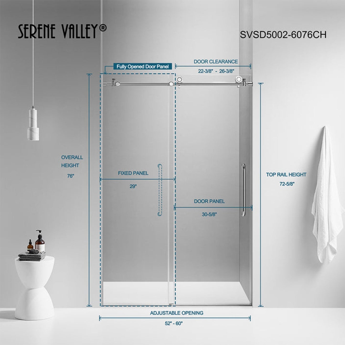 Serene Valley 60 x 66 Inch Square Rail Frameless Sliding Shower Door, Chrome - 280489