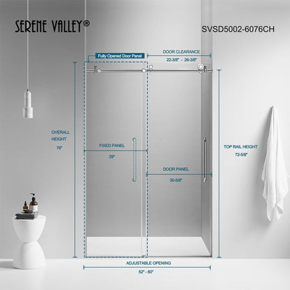 Serene Valley 60 x 66 Inch Square Rail Frameless Sliding Shower Door, Chrome - 280489