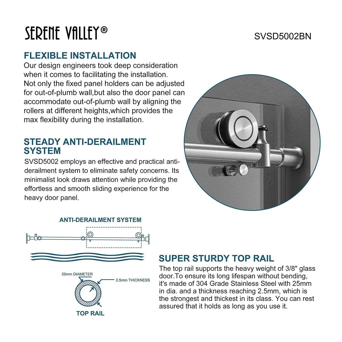 Serene Valley 60 x 66" Big Roller Frameless Sliding Shower Door, Brushed Nickel - 280492