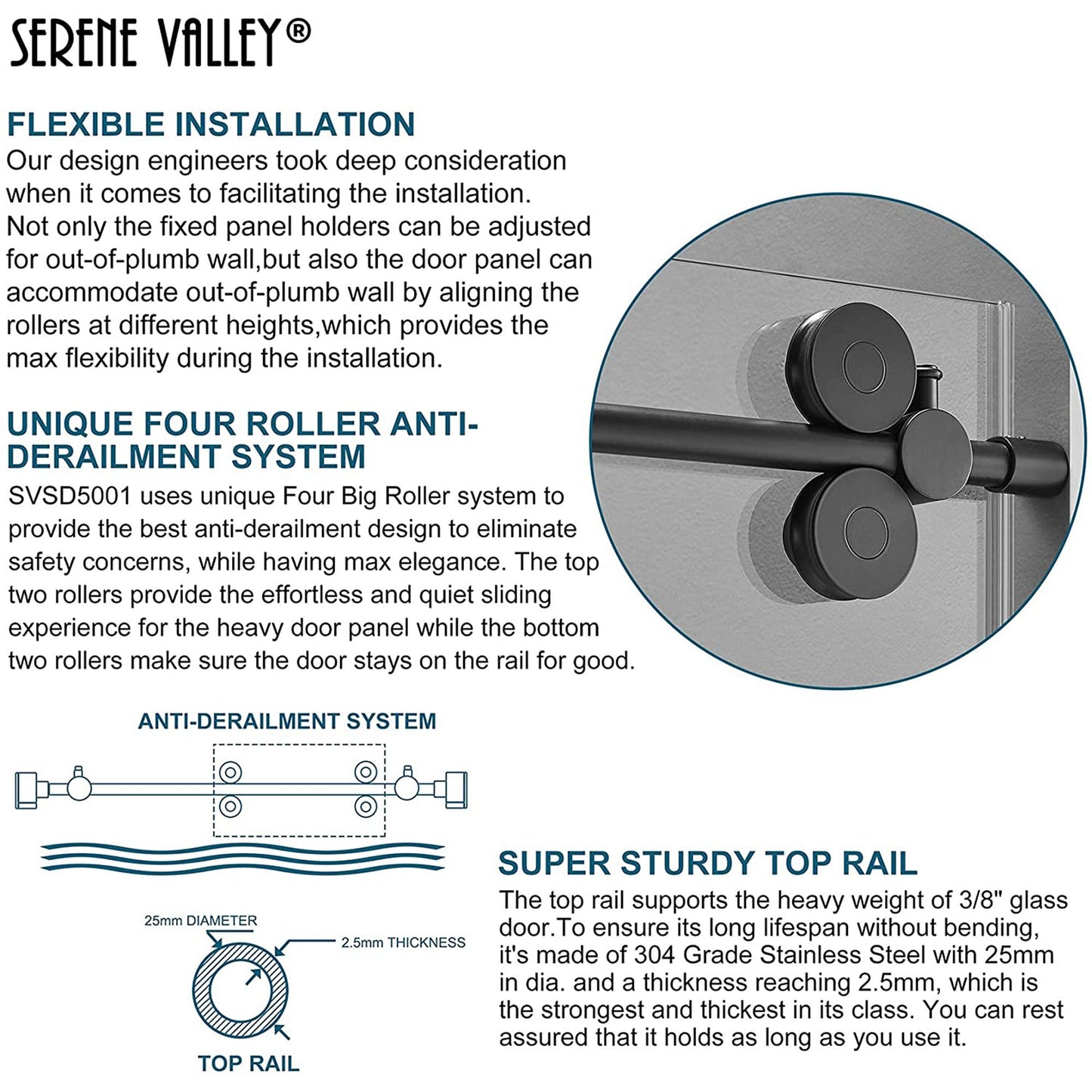 Serene Valley 56 x 74 Inch Big Roller Frameless Sliding Shower Door, Matte Black - 280494