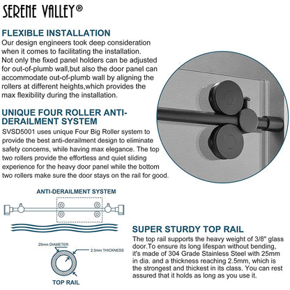 Serene Valley 56 x 74 Inch Big Roller Frameless Sliding Shower Door, Matte Black - 280494