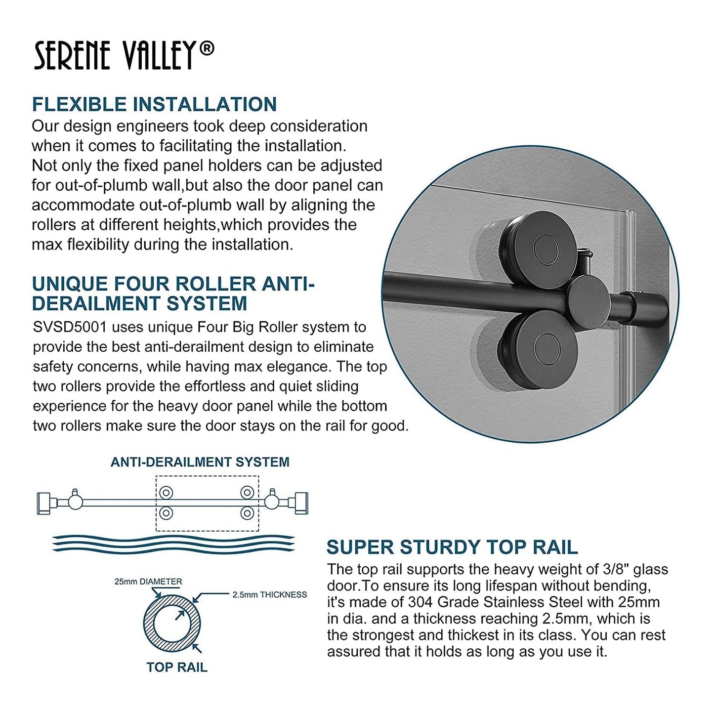 Serene Valley 60 x 74 Inch Big Roller Frameless Sliding Shower Door, Matte Black - 280495