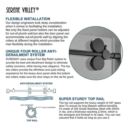 Serene Valley 60 x 74 Inch Big Roller Frameless Sliding Shower Door, Matte Black - 280495