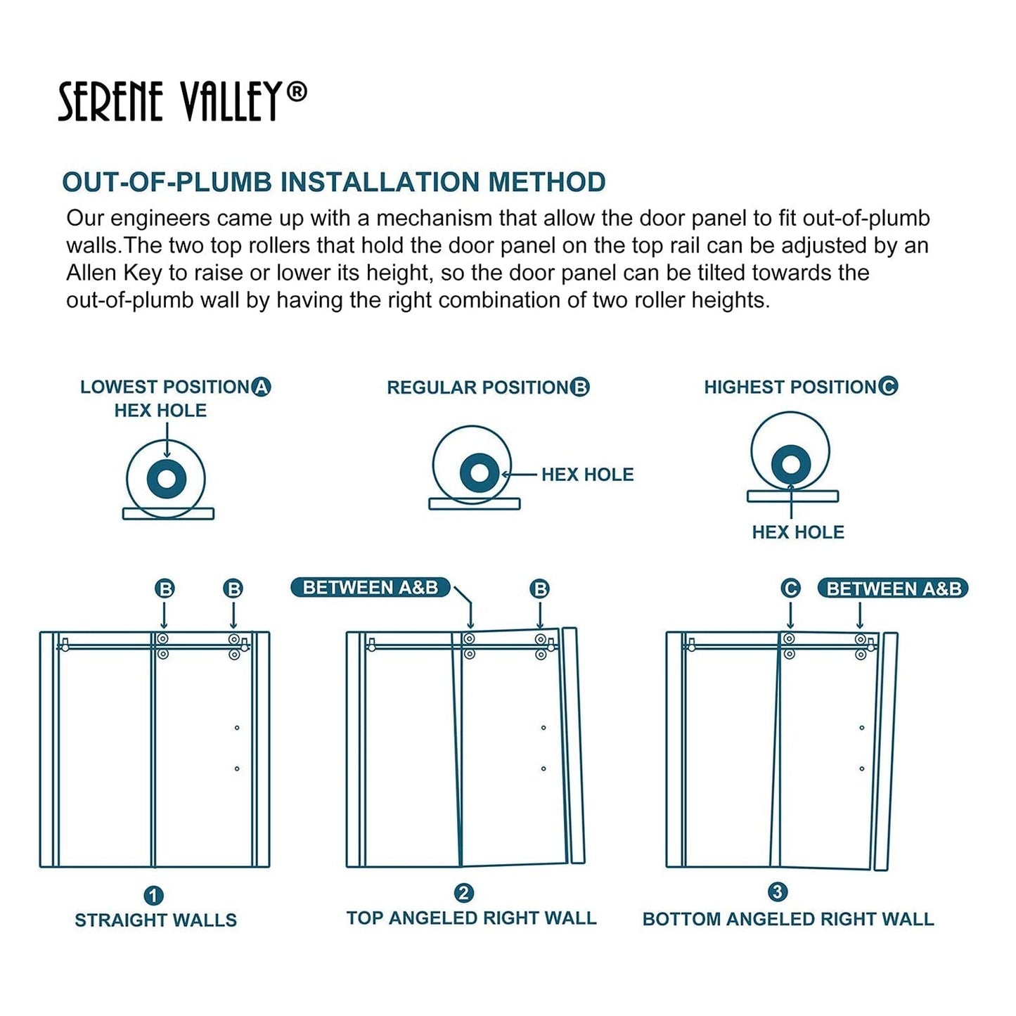 Serene Valley 60 x 74 Inch Big Roller Frameless Sliding Shower Door, Matte Black - 280495