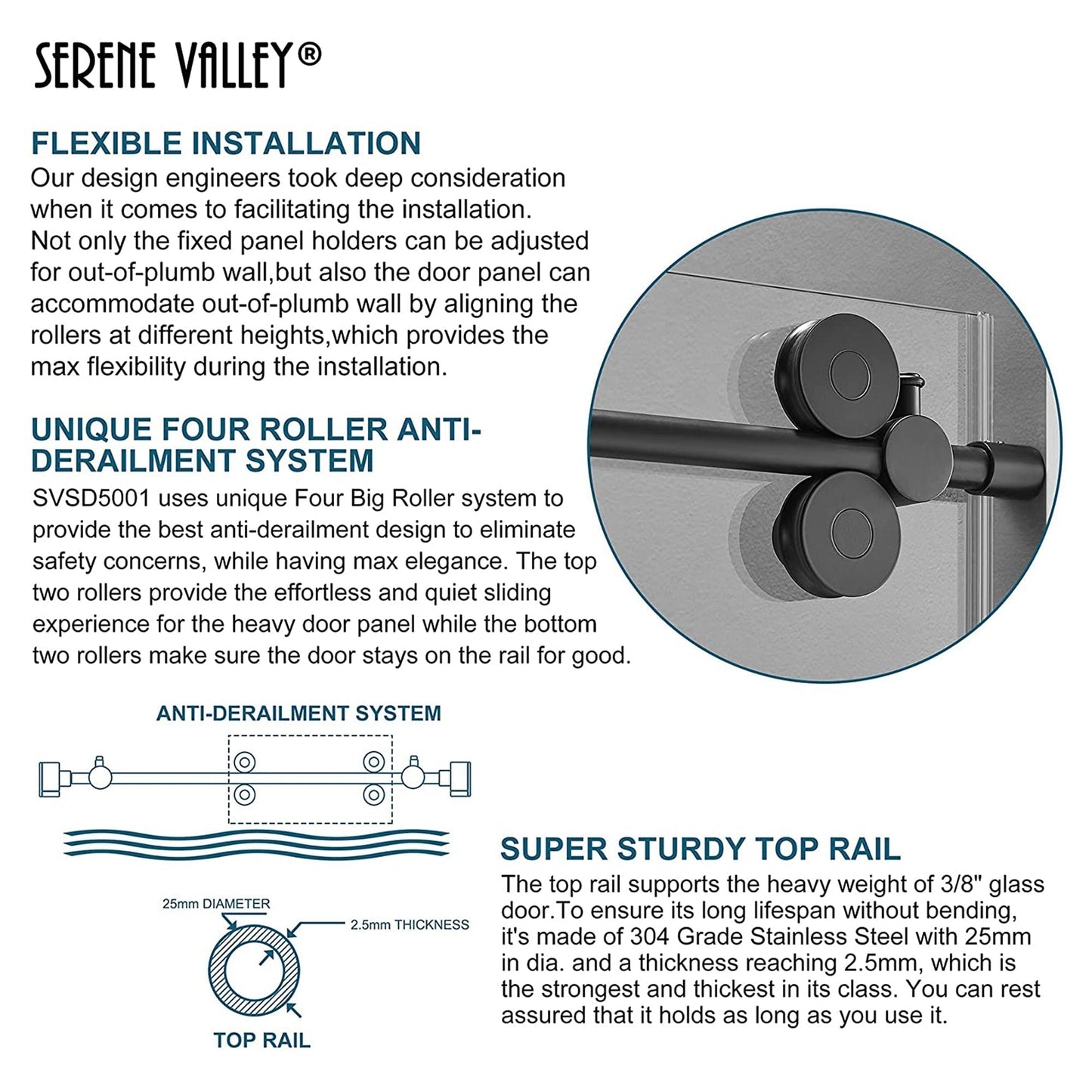 Serene Valley 52 x 74 Inch Big Roller Frameless Sliding Shower Door, Matte Black - 280497