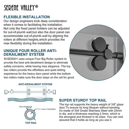 Serene Valley 52 x 74 Inch Big Roller Frameless Sliding Shower Door, Matte Black - 280497