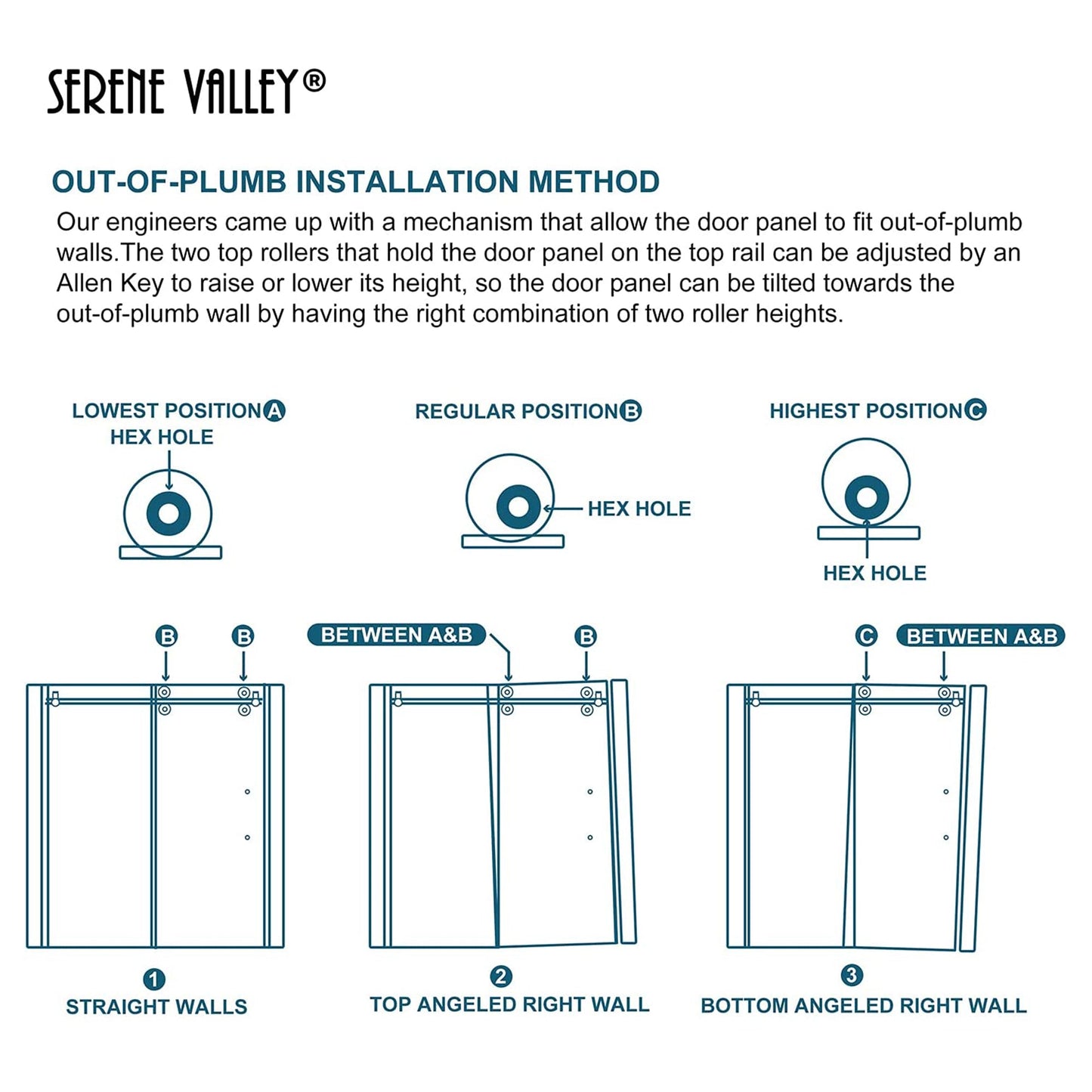 Serene Valley 52 x 74 Inch Big Roller Frameless Sliding Shower Door, Matte Black - 280497