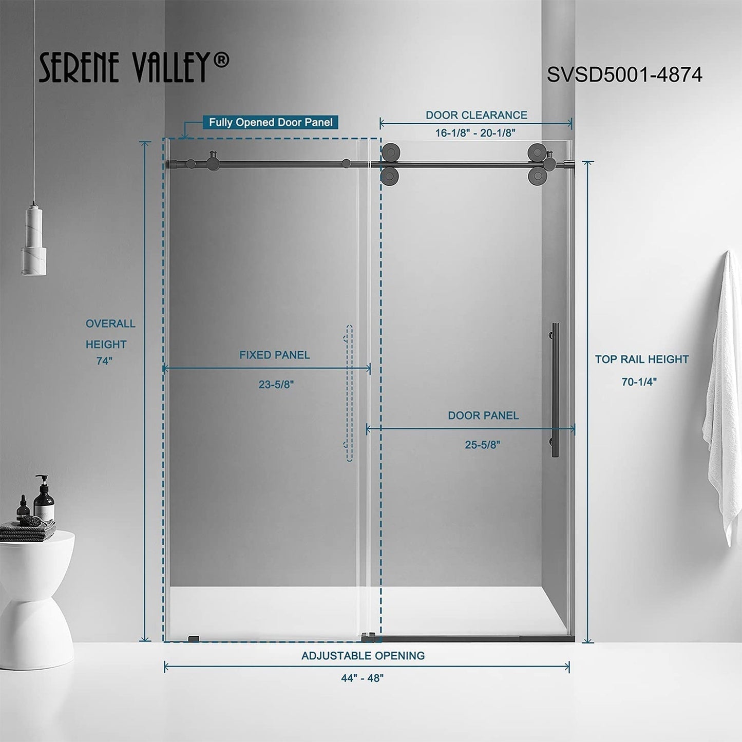 Serene Valley 52 x 74 Inch Big Roller Frameless Sliding Shower Door, Matte Black - 280497
