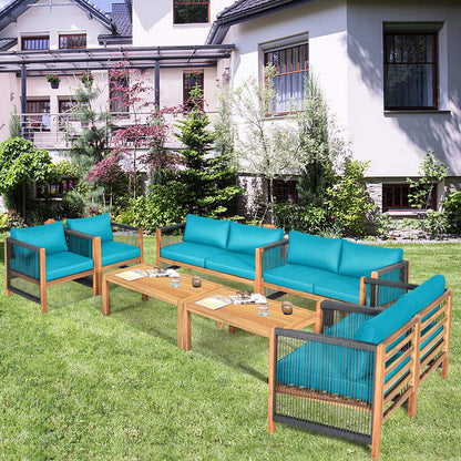 Tangkula Outdoor Wood Furniture Set, Acacia Wood Frame Loveseat Sofa, 2 Single Chairs and Coffee Table - HW63868RE
