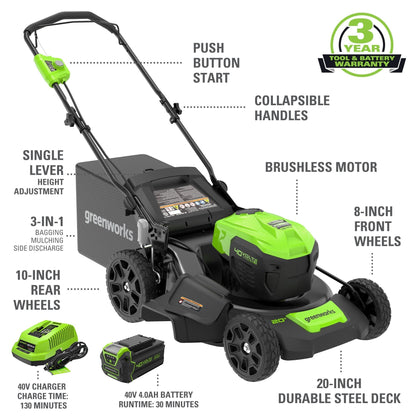 Greenworks 40V 20" Cordless Battery 3-in-1 Push Lawn Mower w/ 4.0Ah Battery & Charger - 2516302