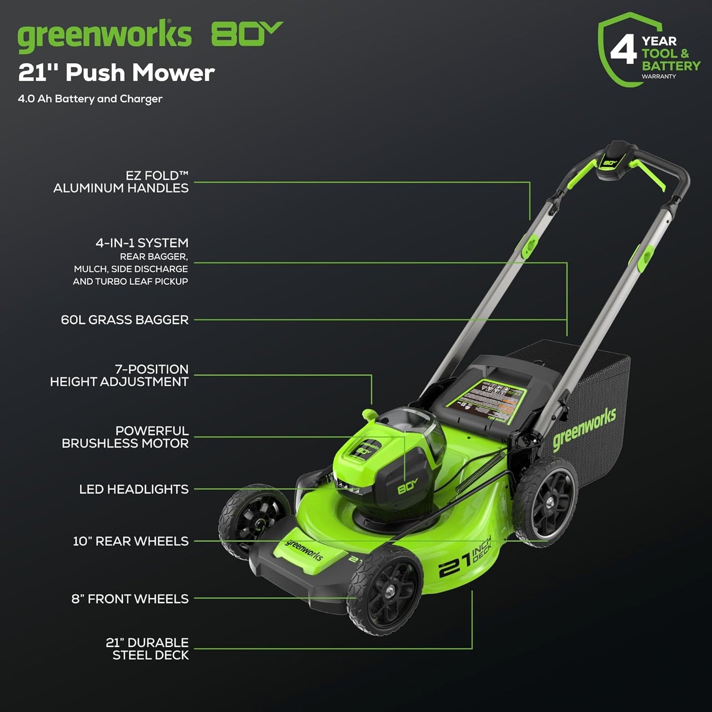 Greenworks 80V 21" Cordless Battery 4-in-1 Push Lawn Mower w/ 4.0Ah Battery & Charger - 2550702