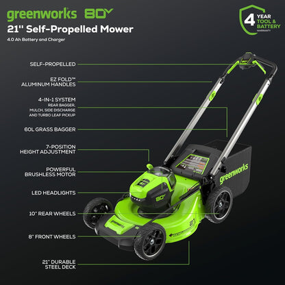 Greenworks 80V 21" Cordless Battery 4-in-1 Self-Propelled Lawn Mower w/ 8.0Ah Battery & 6A Charger - 2552102