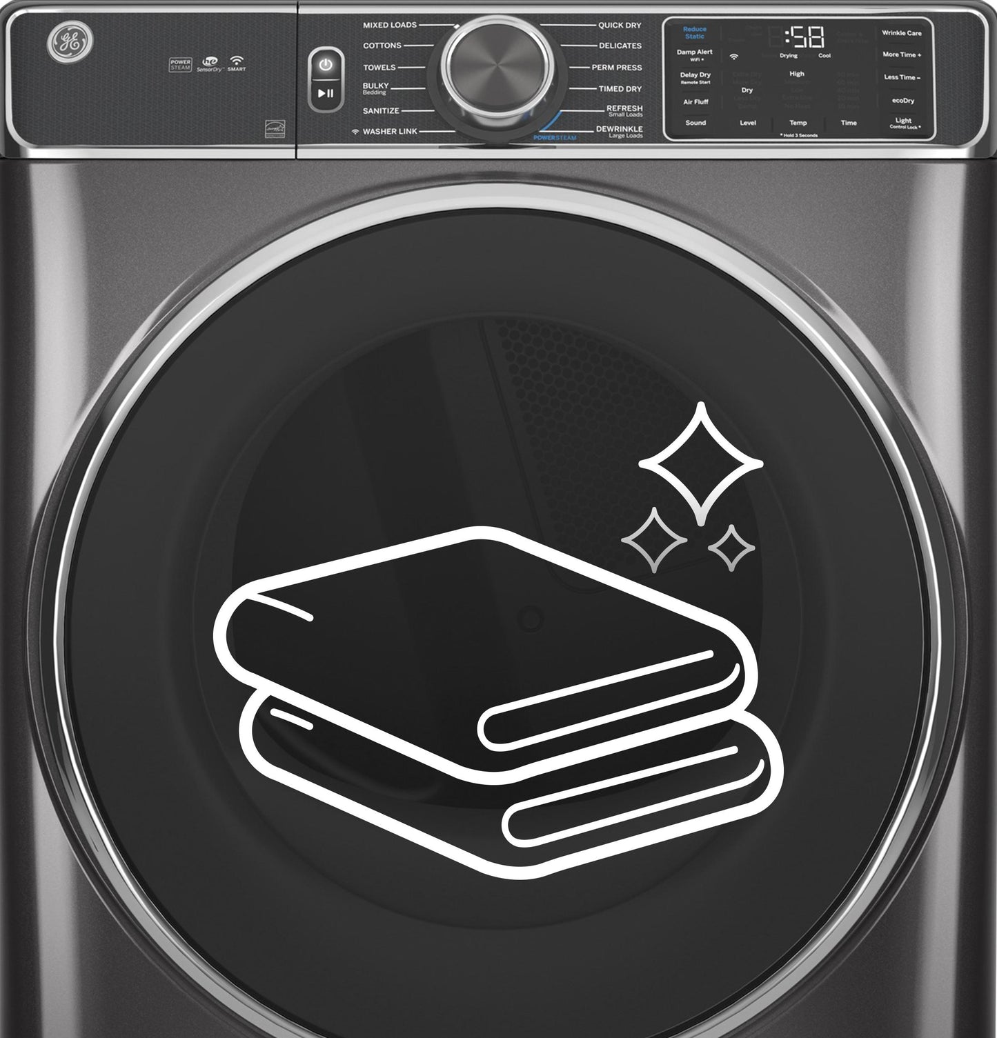 GE APPLIANCES GFD65GSSVWW GE(R) 7.8 cu. ft. Capacity Smart Front Load Gas Dryer with Steam and Sanitize Cycle - GFD65GSSVWW-KT