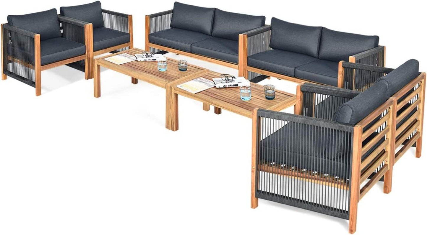 Tangkula Outdoor Wood Furniture Set, Acacia Wood Frame Loveseat Sofa, 2 Single Chairs and Coffee Table - HW63868RE