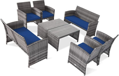 Tangkula 4/8 PCS Wicker Patio Conversation Set, Outdoor Rattan Sofas with Table Set - HW63238WH