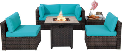 Tangkula 6 Piece Outdoor Rattan Sofa Set with 30in Propane Gas Fire Table - OP70520+HW68691ADK+