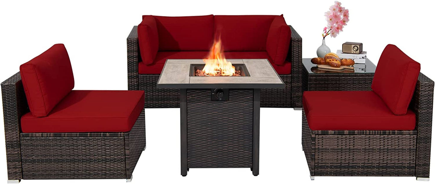 Tangkula 6 Piece Outdoor Rattan Sofa Set with 30in Propane Gas Fire Table - OP70520+HW68691ADK+