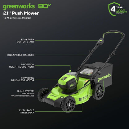 Greenworks 80V 21" Brushless 3-in-1 Push Lawn Mower w/ 4.0Ah Battery & Charger - 2501202