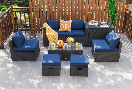Tangkula 8-Piece Patio Furniture Set with Cover, 2 Ottomans, 2 Armless Sofas & Corner Sofas - HW68605WH+