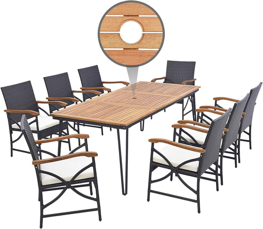 Tangkula Patio Rattan Dining Set for 8, Acacia Wood Table Top - HW71588+2*HW70831-4