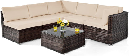 Tangkula 6 Pieces Patio Furniture Set, Outdoor Wicker Conversation Set with Glass Coffee Table - HW67937WH+